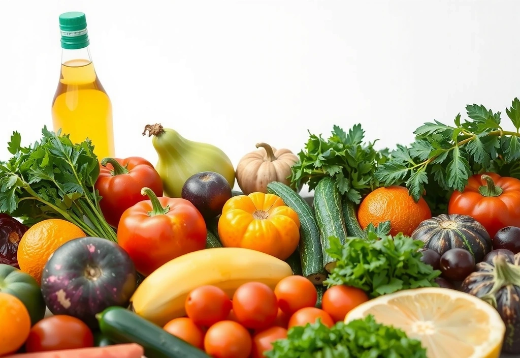 A vibrant array of fruits, vegetables, and herbs, representing a balanced and healthy diet