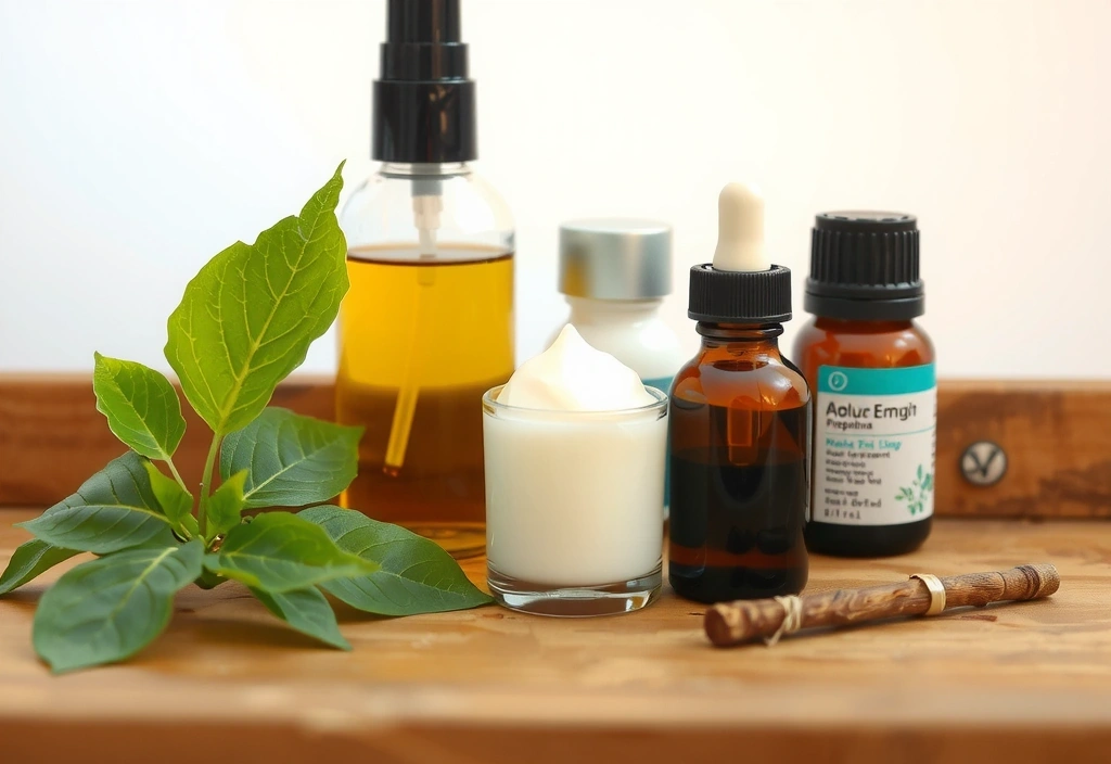 Botanical ingredients and skincare products beautifully arranged, highlighting natural skincare