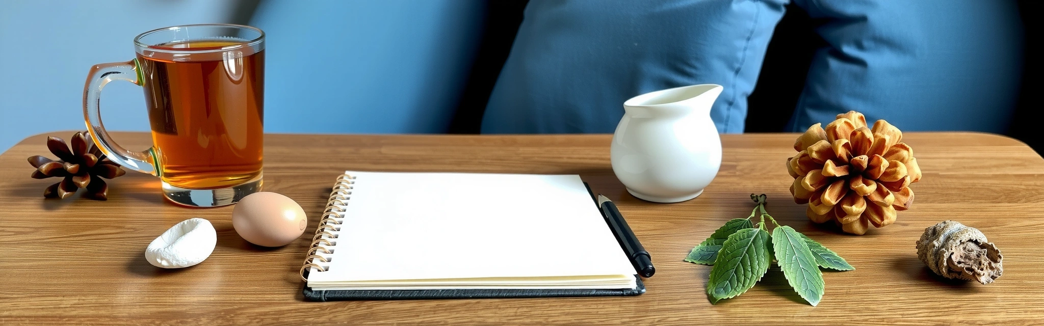 Minimalist notebook, natural elements, and tea cup suggesting wellness and knowledge