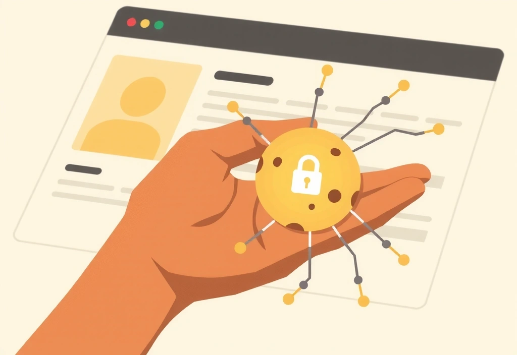 A hand holding a small digital cookie with data flowing around it, symbolizing digital information and privacy.