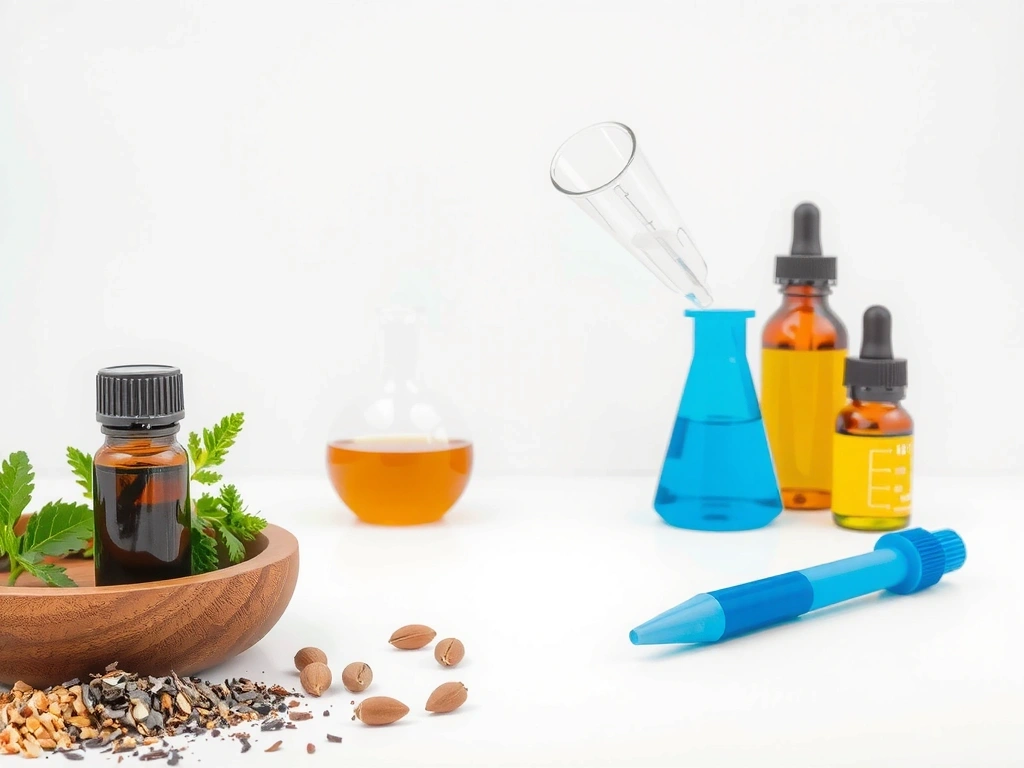 A laboratory setting with natural ingredients and scientific equipment, symbolizing careful formulation and testing.
