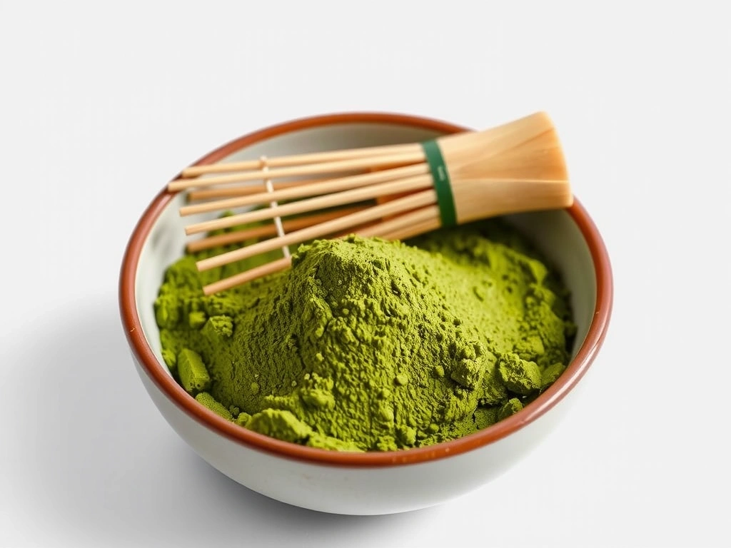 Close-up of vibrant green Matcha tea powder in a bowl with a whisk, symbolizing energy and antioxidants.