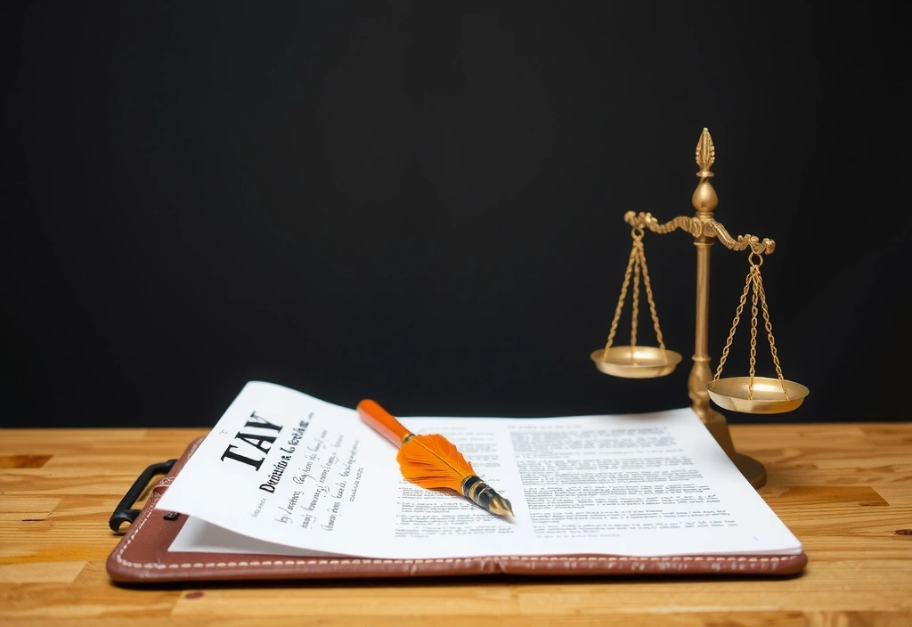 Legal document with a quill pen and scales of justice, symbolizing terms and conditions