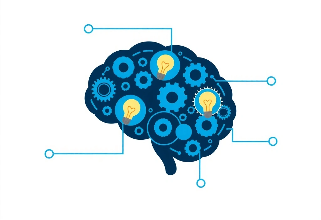 Stylized illustration of a brain with gears and lightbulbs, representing intellectual property